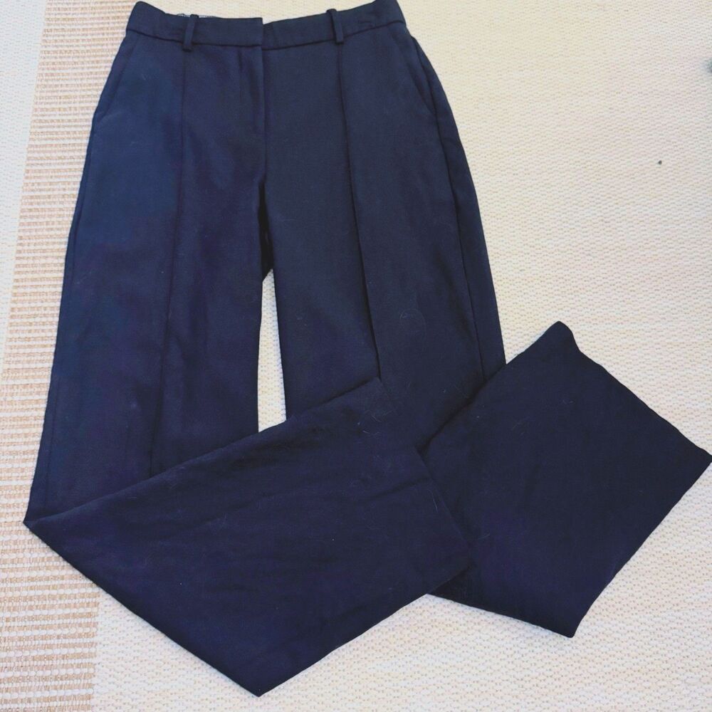 J. Crew Women's Wool Trousers Size 4 Petite Navy Blue Wide Leg Dress Pants